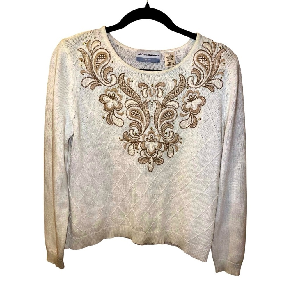 Vintage-Inspired Alfred Dunner Cream Sweater Gold-Toned Floral & Paisley, PL.